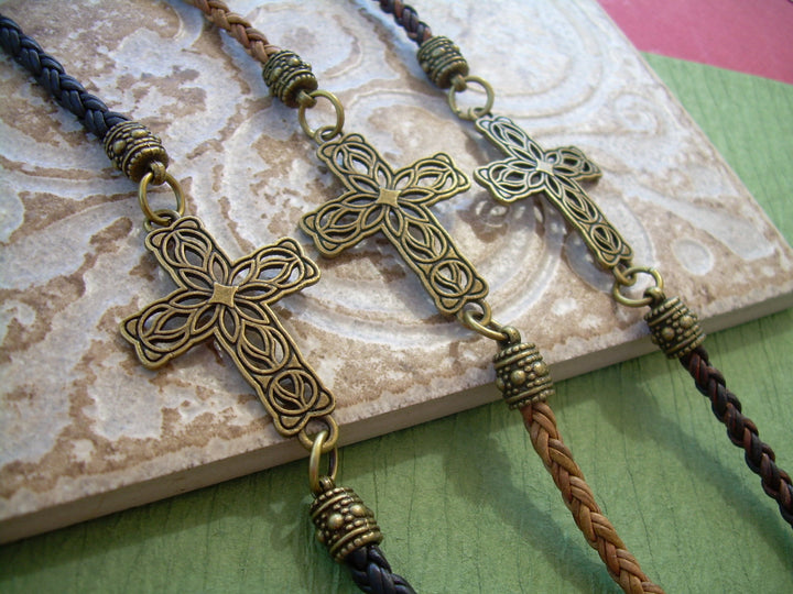 Leather and Bronze Braided Filigreed Cross Bracelet - Urban Survival Gear USA