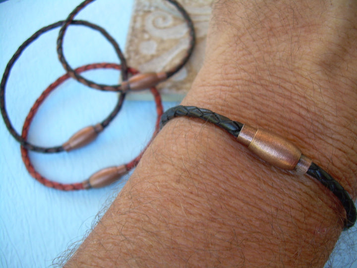 Thin Braided Leather Bracelet with Copper toned Brass Magnetic Clasp, Mens Jewelry, Mens Bracelet, Leather Bracelet, Boyfriends Gift, Mens - Urban Survival Gear USA