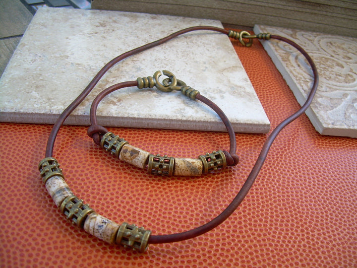 Mens Bracelets Beaded, Men's Bracelets Leather, Leather Bracelet, Gemstone Bracelet and Necklace Set, Necklace, Bracelet, Jewelry, Leather, - Urban Survival Gear USA