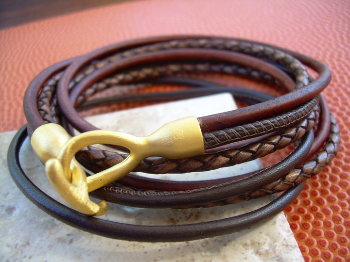 Men's Bracelets Leather, Leather Bracelets for Men, Leather Bracelet, Mens Bracelet, Leather Wrap Bracelet, 22K Gold Plated Hook Clasp, Fits A Wrist