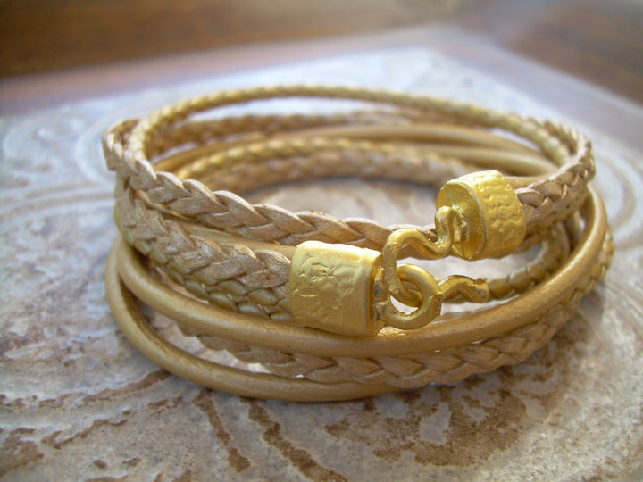 Women's Triple Wrap Gold  Leather Bracelet with 22k Gold Plated Hook Clasp, Leather Bracelet, Womens Bracelet, Womens Jewelry, 22k , gold - Urban Survival Gear USA