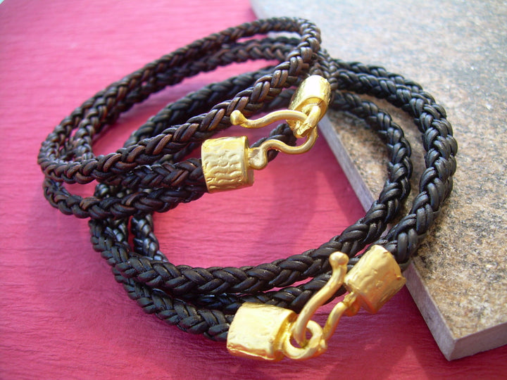 Triple Wrap Braided Leather Bracelet with 22k Gold Plated Hook Clasp, Leather Bracelet, Mens Bracelet, Womens Bracelet, Mens , Mens Jewelry - Urban Survival Gear USA