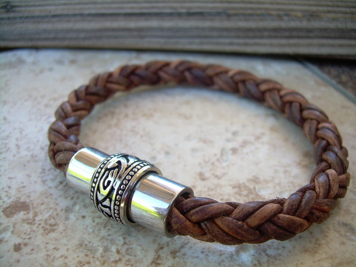 Thick Braided Leather Bracelet with a Large Filigreed Stainless Steel Magnetic Clasp - Urban Survival Gear USA