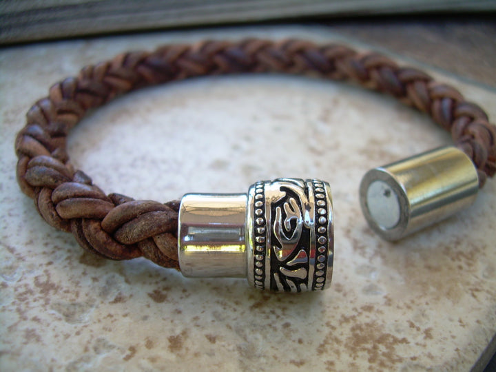 Thick Braided Leather Bracelet with a Large Filigreed Stainless Steel Magnetic Clasp - Urban Survival Gear USA