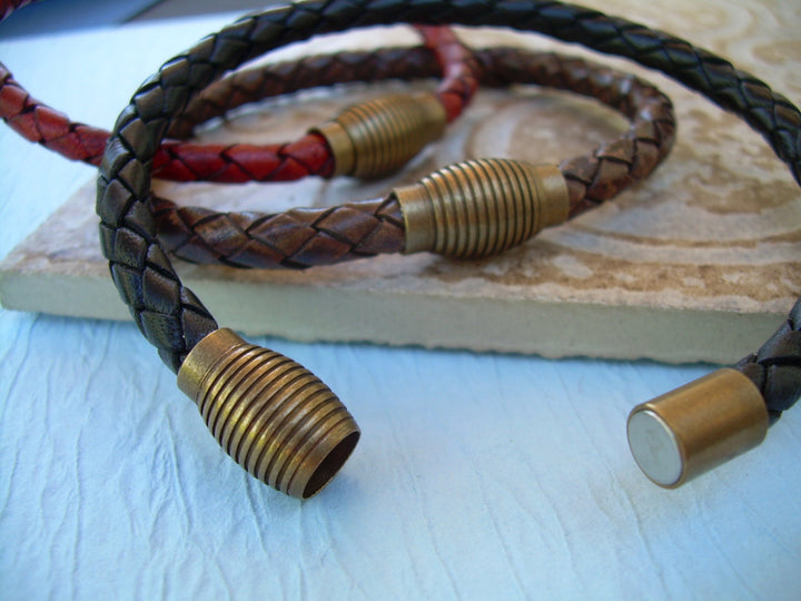 Masculine Braided Leather Bracelet with Antique Brass Magnetic Clasp,Leather Necklace, Mens Necklace,Mens Jewelry, Mens Gift, Gift for Him - Urban Survival Gear USA