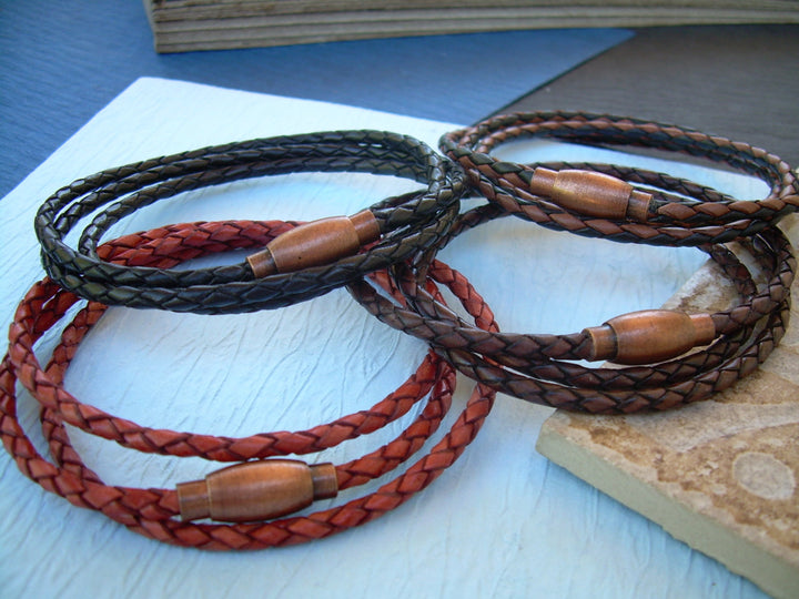 Thin Braided Triple Wrap Leather Bracelet with Copper Toned Magnetic Clasp - Urban Survival Gear USA