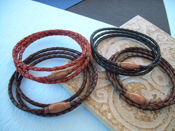 Thin Braided Triple Wrap Leather Bracelet with Copper Toned Magnetic Clasp - Urban Survival Gear USA