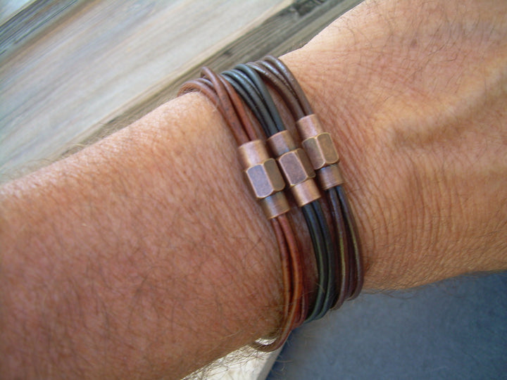 Thin Strands Leather Bracelet with Copper toned Brass Magnetic Clasp, Mens Jewelry, Mens Bracelet, Leather Bracelet, Boyfriends Gift, Mens - Urban Survival Gear USA