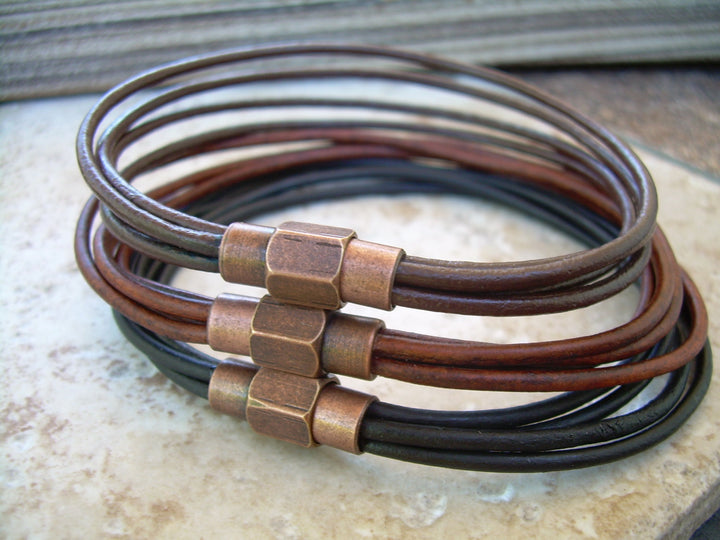 Thin Strands Leather Bracelet with Copper toned Brass Magnetic Clasp, Mens Jewelry, Mens Bracelet, Leather Bracelet, Boyfriends Gift, Mens - Urban Survival Gear USA