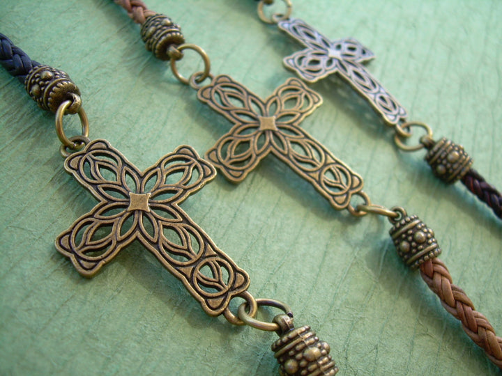 Leather and Bronze Braided Filigreed Cross Bracelet - Urban Survival Gear USA