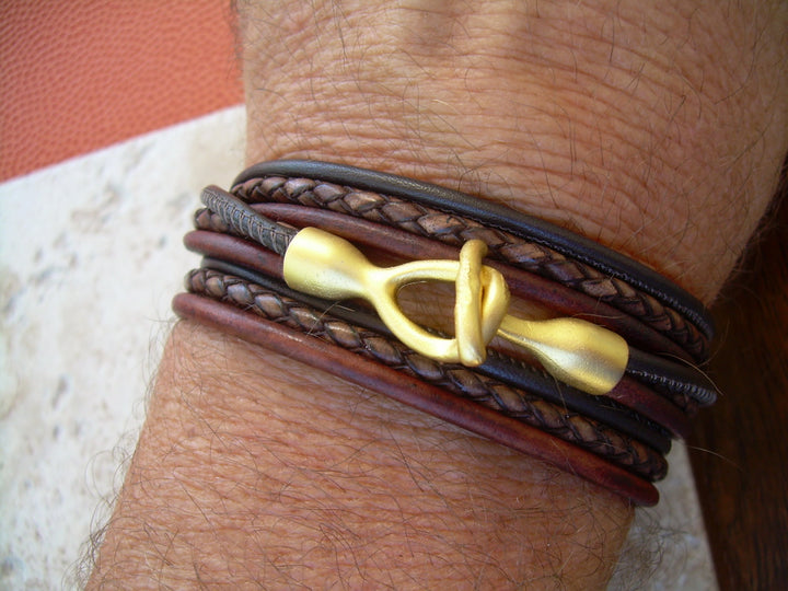 Men's Bracelets Leather, Leather Bracelets for Men, Leather Bracelet, Mens Bracelet, Leather Wrap Bracelet,  22k Gold Plated Hook Clasp, - Urban Survival Gear USA