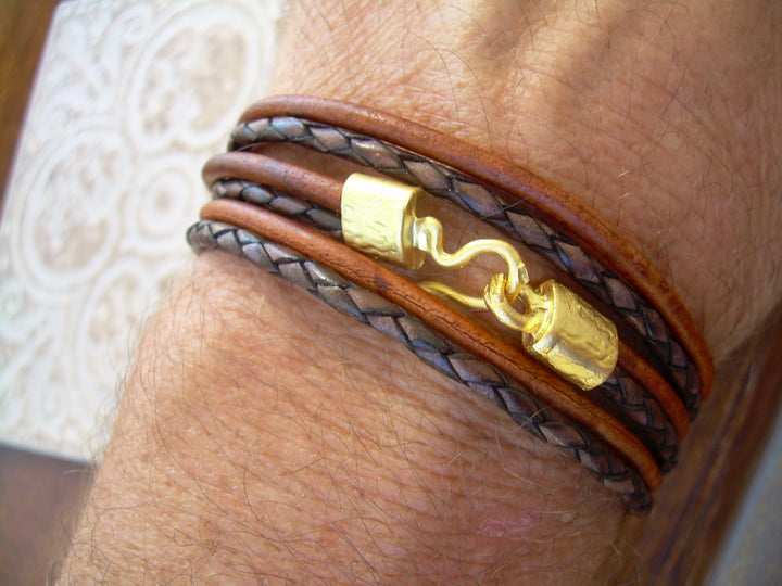 Leather Bracelet, Triple Wrap Bracelet with 22k Gold Plated Hook Clasp,  Mens Bracelet, Womens Bracelet, Mens Jewelry, Womens Jewelry - Urban Survival Gear USA