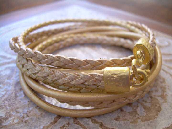 Women's Triple Wrap Gold  Leather Bracelet with 22k Gold Plated Hook Clasp, Leather Bracelet, Womens Bracelet, Womens Jewelry, 22k , gold - Urban Survival Gear USA