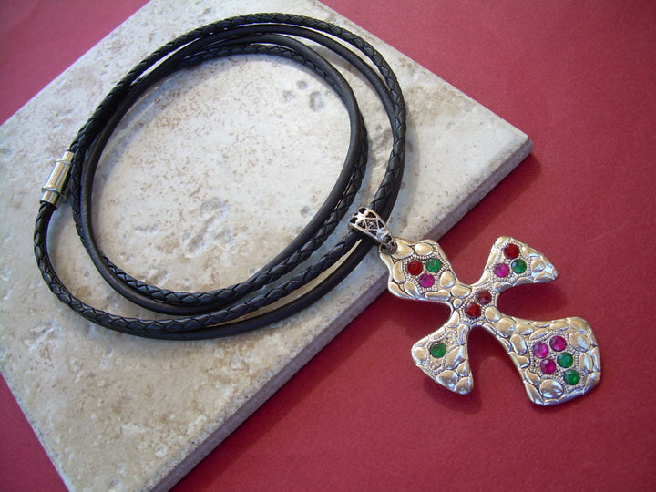 Womens Jeweled Christmas Leather Cross Necklace - Urban Survival Gear USA