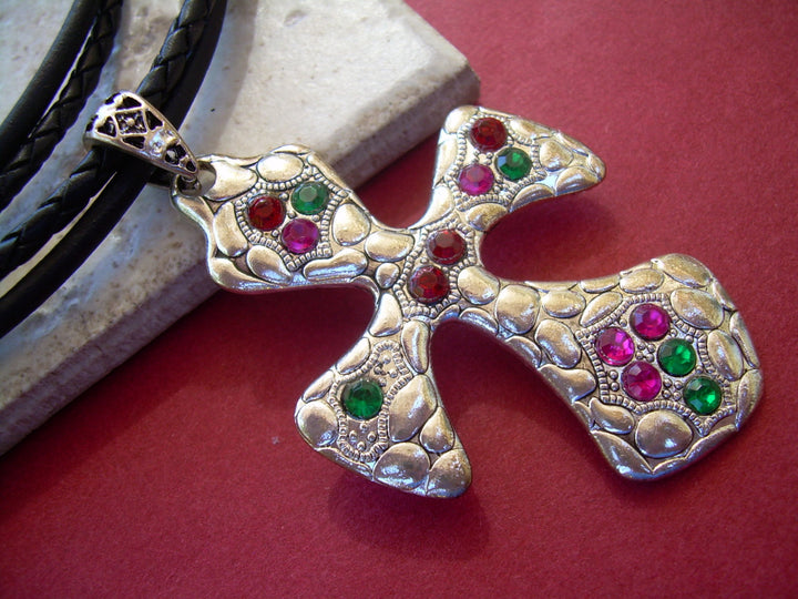 Womens Jeweled Christmas Leather Cross Necklace - Urban Survival Gear USA