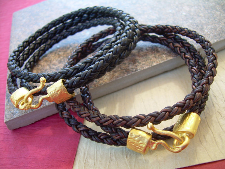 Triple Wrap Braided Leather Bracelet with 22k Gold Plated Hook Clasp, Leather Bracelet, Mens Bracelet, Womens Bracelet, Mens , Mens Jewelry - Urban Survival Gear USA