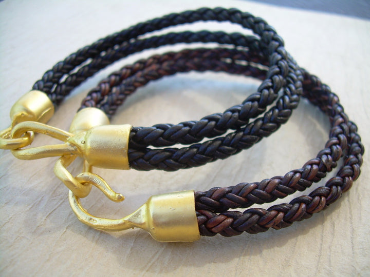 Braided Leather Bracelet with Organic 22k Gold Plated Hook Clasp, Leather Bracelet, Mens Bracelet, Womens Bracelet, Mens , Mens Jewelry - Urban Survival Gear USA