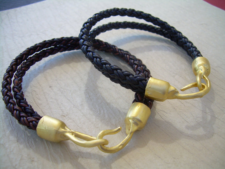 Braided Leather Bracelet with Organic 22k Gold Plated Hook Clasp, Leather Bracelet, Mens Bracelet, Womens Bracelet, Mens , Mens Jewelry - Urban Survival Gear USA