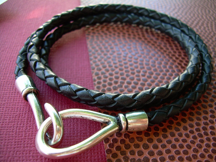 Leather Bracelet, Triple Wrap, Black Braid, Hook Clasp, Mens Bracelet, Womens Bracelet, Jewelry, Mens Jewelry, Fathers Day, Groomsmen, Groom - Urban Survival Gear USA