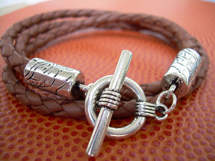 Mens Brown Leather Bracelet, Wrap Bracelet, Mens Bracelet, Mens Jewelry, Saddle Braided, Triple Wrap, Mens Gift, Gift under 20 - Urban Survival Gear USA