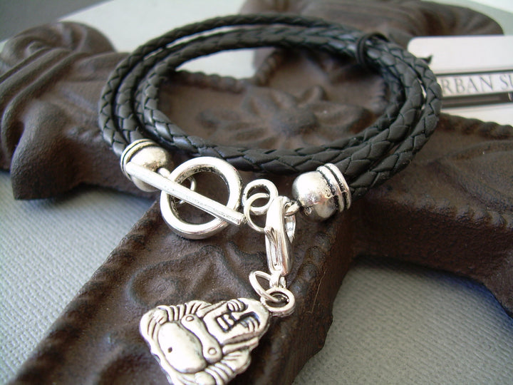 Mens Womens Unisex Leather Bracelet Double Strand Double Wrap Black Braided  With Lobster Clasp Charm - Urban Survival Gear USA