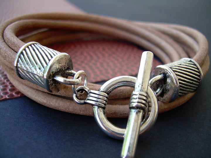 Mens Leather Bracelet, Four Strand Double Wrap, Natural, Mens Bracelet, Mens Jewelry - Urban Survival Gear USA