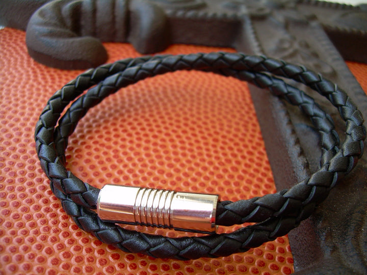 Double Wrap Black  Braid Mens Leather Bracelet with Stainless Steel Magnetic Clasp, Mens Bracelet, Mens Jewelry, Leather Bracelet - Urban Survival Gear USA