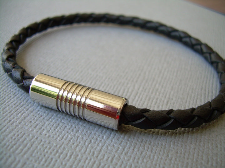 Mens Leather Bracelet, Stainless Steel Magnetic Clasp, Black Braid, Mens Jewelry, Mens Bracelet, Leather Bracelet - Urban Survival Gear USA