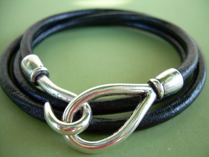 Leather Bracelet, Triple Wrap Black,  Hook Closure Clasp, Mens Bracelet, Mens Jewelry, Womens Jewelry, Womens Bracelet - Urban Survival Gear USA