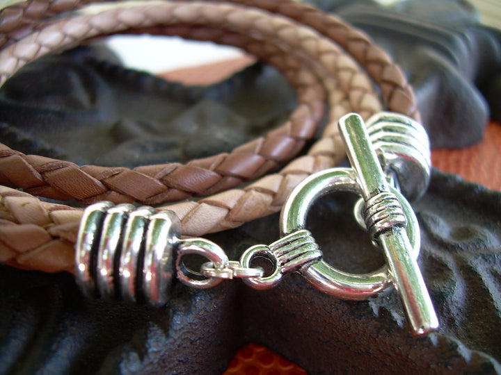 Leather Bracelet,  Two Strand, Double Wrap, Natural Braid/Saddle Braid, Mens Jewelry, Mens Bracelet - Urban Survival Gear USA