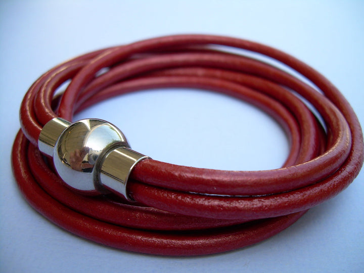 Womens Triple Wrap Leather Bracelet with Stainless Steel Magnetic Clasp Metallic Moroccan Red - Urban Survival Gear USA