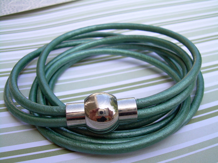 Leather Bracelet, Stainless Steel, Magnetic Clasp, Metallic Teal, Triple Wrap - Urban Survival Gear USA