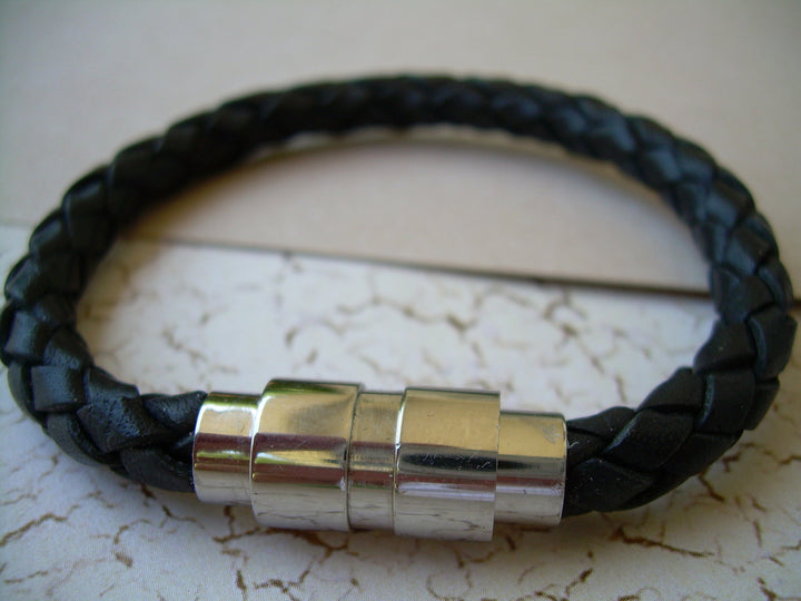 Black Braided Mens Leather Bracelet with Double Barrel Stainless Steel Magnetic Clasp - Urban Survival Gear USA