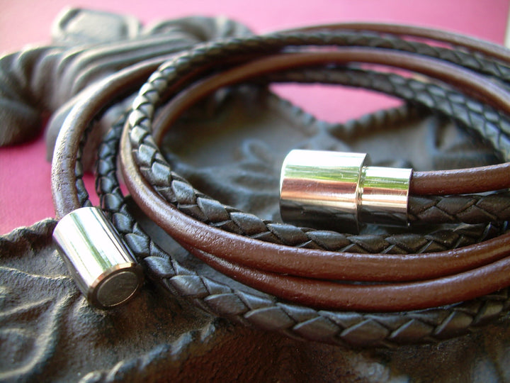 Mens Bracelets Leather, Leather Bracelets for Men, Leather Bracelet, Chocolate and Brown Braid Triple Wrap Bracelet with Magnetic Clasp, - Urban Survival Gear USA
