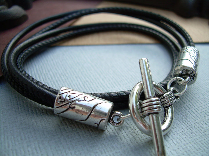 Black Leather Bracelet, Mens Double Wrap Leather Bracelet, Leather Bracelet, Mens Bracelet, Nappa Leather Bracelet, Mens Jewelry, Mens Gift - Urban Survival Gear USA