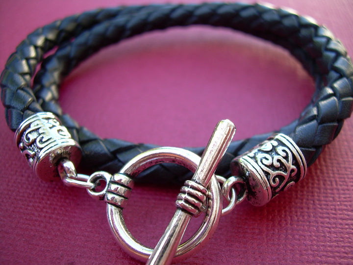 Leather Bracelet, Wrap Bracelet, Mens Bracelet, Mens Jewelry, Womens Bracelet, Womens Jewelry, Black Braided, Double Wrap, Gift for him, - Urban Survival Gear USA