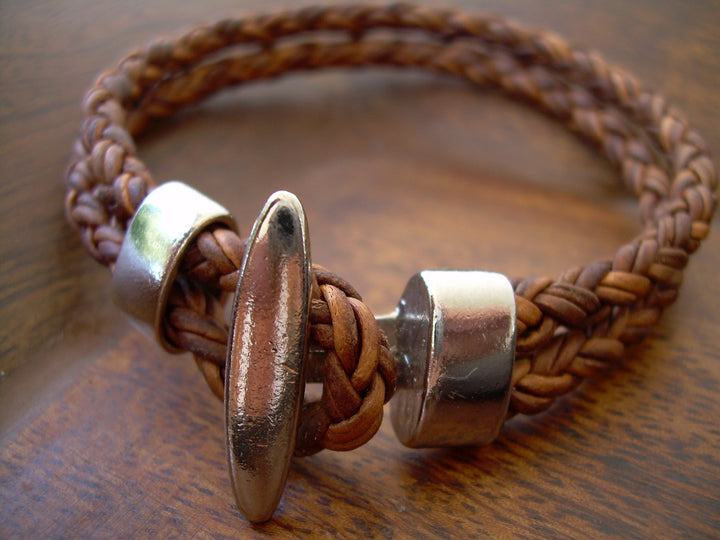 Natural Light Brown Braided Mens, Womens,  Leather Bracelet with Toggle Clasp , Fathers Day Gift,  Mens Bracelet, Mens Jewelry - Urban Survival Gear USA