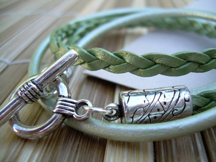 Green Leather Bracelet for Her, Leather Wrap Bracelet, Womens, Braided, Leather Jewelry, Womens Bracelet, Womens Jewelry, Leather Bracelet - Urban Survival Gear USA