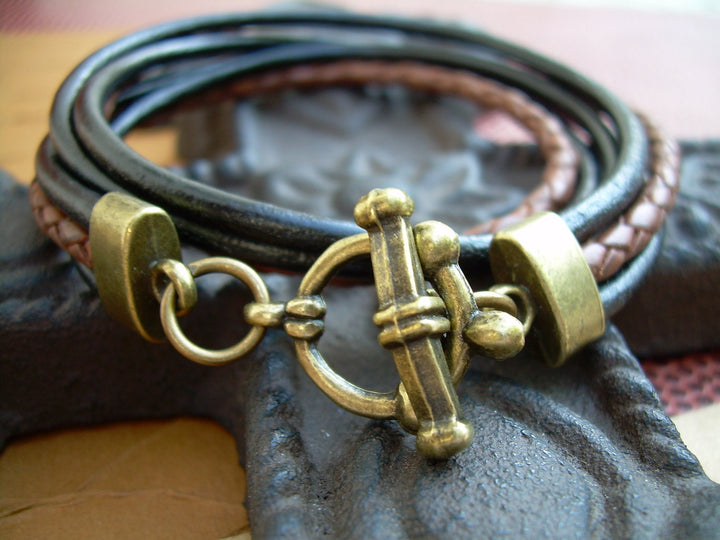 Leather Wrap Bracelet, Black and Saddle Braided Double Wrap Antique Bronze Leather Bracelet, Mens, Womens , Jewelry, Bracelet, Gift - Urban Survival Gear USA