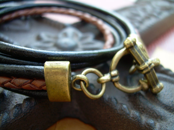 Leather Wrap Bracelet, Black and Saddle Braided Double Wrap Antique Bronze Leather Bracelet, Mens, Womens , Jewelry, Bracelet, Gift - Urban Survival Gear USA