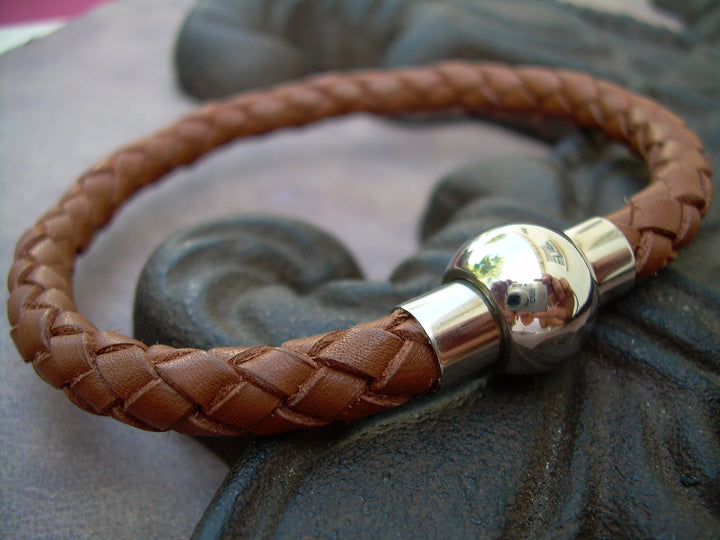 Braided Saddle Leather Bracelet with Stainless Steel Magnetic Ball ...