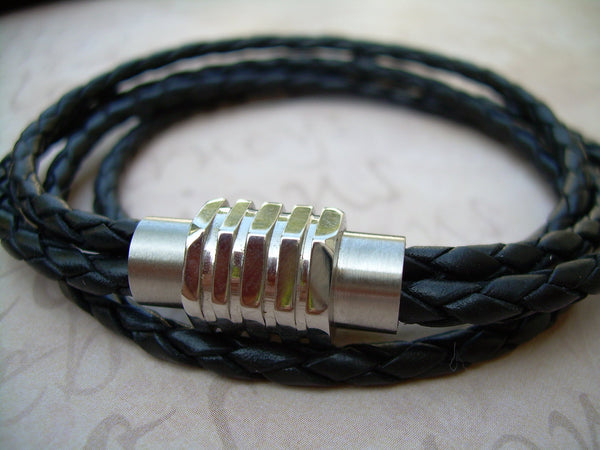 Mens Leather Bracelet, Black Braided, Double Wrap,Stainless Steel Magnetic Clasp, Mens Bracelet, Mens Jewelry - Urban Survival Gear USA