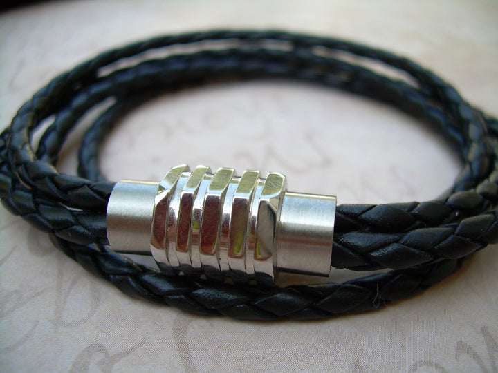 Double Wrap Braided Leather Bracelet with Stainless Steel Hexagon Magnetic Clasp - Urban Survival Gear USA