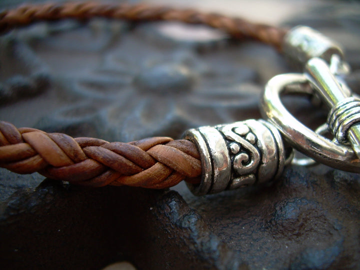 Natural Braided Leather Bracelet With Toggle Clasp - Urban Survival Gear USA
