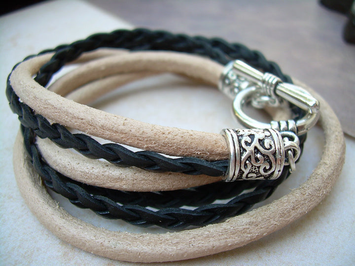 Natural and Black Braid Double Wrap Leather Bracelet, Mens Bracelet, Womens Bracelet, Leather Bracelet, Mens Jewelry, Womens Jewelry, - Urban Survival Gear USA