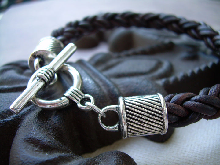 Thick Braided Leather Bracelet with Silver Toned Toggle Clasp and Endcaps - Urban Survival Gear USA