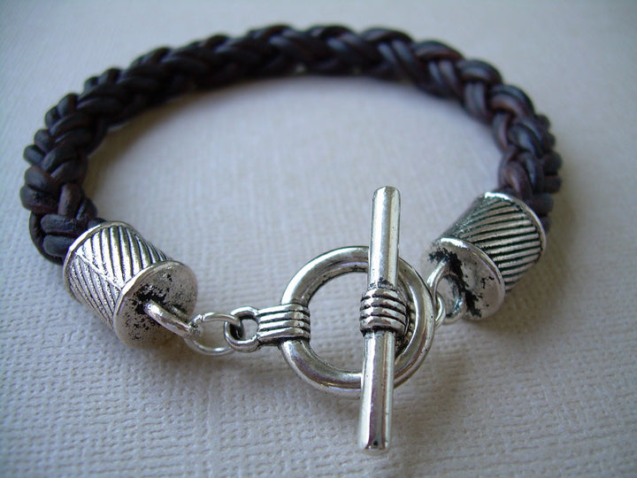 Thick Braided Leather Bracelet with Silver Toned Toggle Clasp and Endcaps - Urban Survival Gear USA