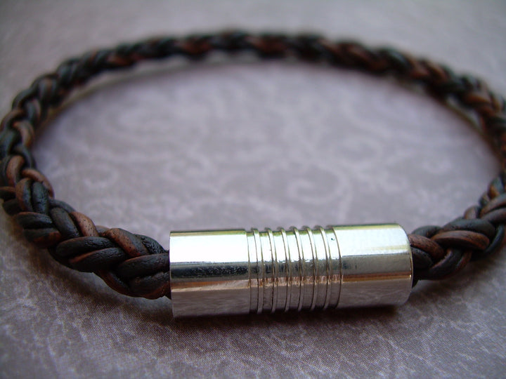 Natural Antique Brown Braided Mens Leather Bracelet with Stainless Steel Magnetic Clasp - Urban Survival Gear USA