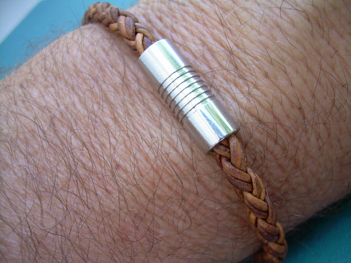 Leather Bracelet,  Natural Light Brown Braided, Stainless Steel Magnetic Clasp, Mens Leather Bracelet, Mens Jewelry, Mens Bracelet, - Urban Survival Gear USA