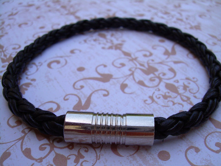 Natural Black Braided Mens Leather Bracelet with Stainless Steel Magnetic Clasp, Mens Jewelry, Mens Bracelet, Fathers Day - Urban Survival Gear USA